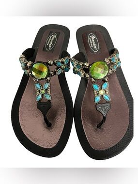Embellished T-Strap Sandals with Green & Aqua Gems size 7